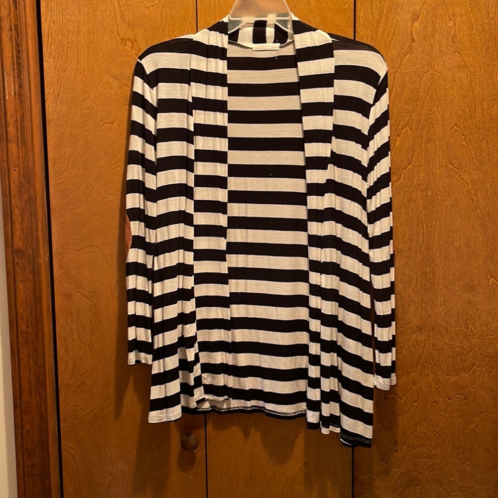 Reborn J M/L Black and White Striped Cardigan with Brown Elbow Patches EUC